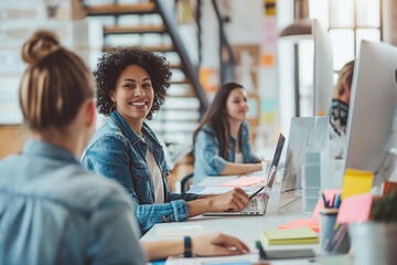 A diverse group of women working together in an office, smiling and having casual conversation over work desks