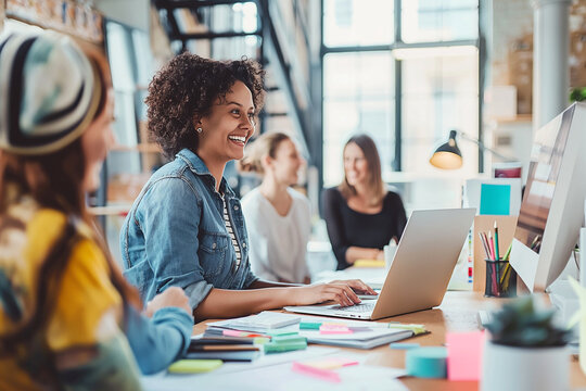 A diverse group of women working together in an office, smiling and having casual conversation over work desks