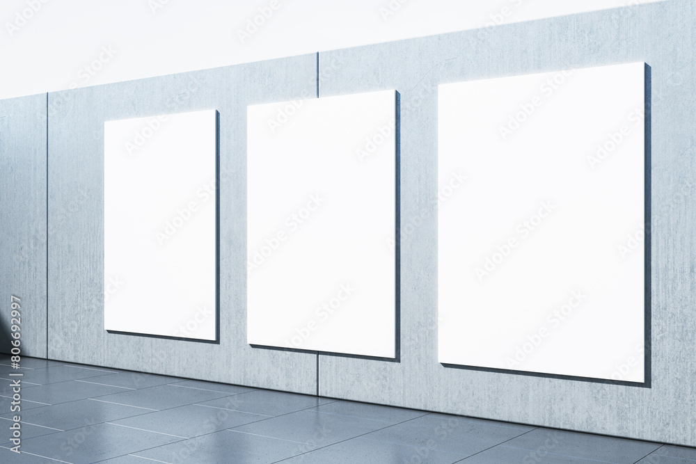 Poster modern empty interior with white mock up posters on gray wall. gallery and museum concept. 3d render