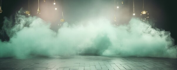 Mint Green smoke empty scene background with spotlights mist fog with gold glitter sparkle stage studio interior texture for display products blank 