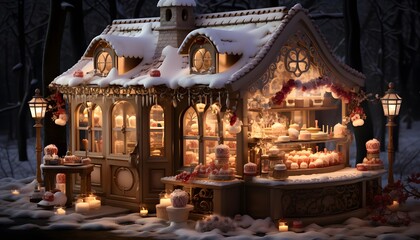 Christmas scene with candles in the shape of a house in the forest
