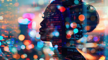  A black woman in profile with computer code and data visualizations overlaying her face, overlaying digital elements