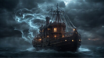 Horror Photography: Eldritch Robot Pirates on a dieselpunk ship on the Sea at night in an epic cosmic storm.