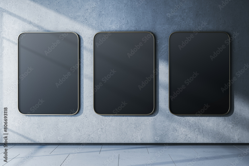 Poster Modern empty interior with black mock up frames on concrete wall. Gallery and museum concept. 3D Rendering.