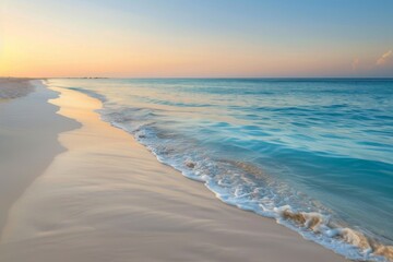 Fototapeta premium Serene ocean waves gently lapping on sandy shore at sunrise