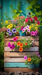 Beautiful different color flowers in pots on wooden pallet