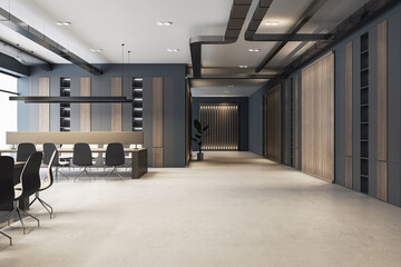 Obraz premium Interior of a modern office with furniture, wooden elements, and ambient lighting on a neutral background, concept of workspace design. 3D Rendering
