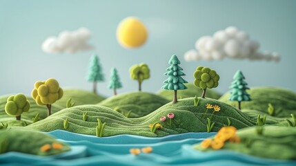 Landscape illustration made of felt fiber. Handcrafted miniature landscape model featuring a rolling hills, trees, and a tranquil river under a sun and clouds.