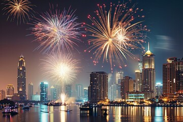 Beauty of a grand firework display against a city skyline, symbolizing celebration and excitement 