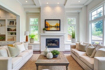 Bright and renovated living room featuring minimalist furniture, a cozy fireplace, and a tranquil wall art