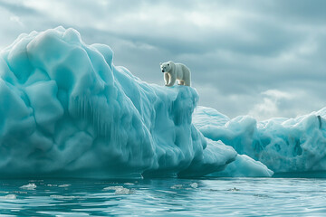 Fototapeta premium A polar bear standing on top of icebergs in the Arctic Ocean, with clear blue water and distant mountains visible behind it