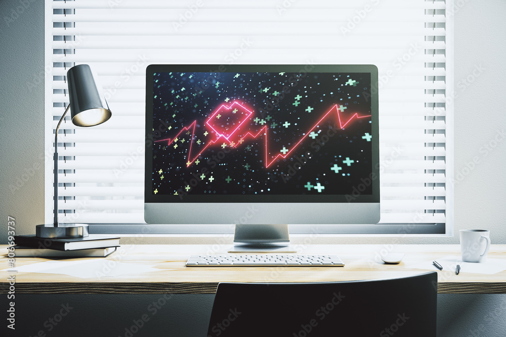 Poster creative abstract heart pulse hologram on modern computer monitor, online medical consulting concept