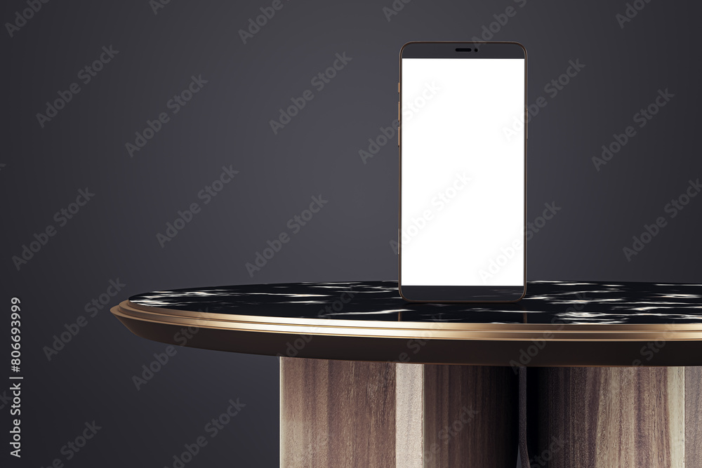 Fototapete empty wooden table with empty white mock up smartphone on black background. 3d rendering.