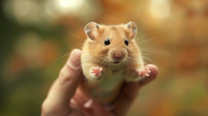 Gentle hand holding a cute hamster against a softly blurred autumn background.