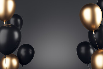 Creative black and golden balloons on dark background with mock up place. Celebration, grand opening and luxury greeting card concept. 3D Rendering.