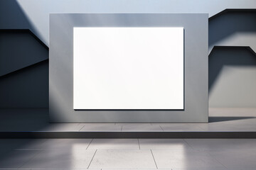 Blank horizontal poster frame in a modern gallery interior with geometric elements, on a light background, concept of advertising. 3D Rendering