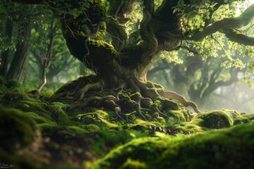 An ancient forest where the trees are tall sentinels of time. The leaves rustle with the wisdom of ages, and each step on the moss-covered ground reverberates with the earth’s deep