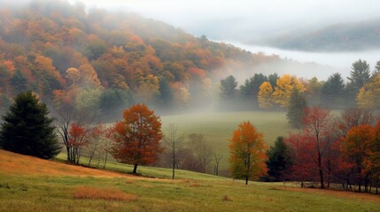 Tranquil valley enveloped in mist showcasing the vibrant colors of autumn foliage