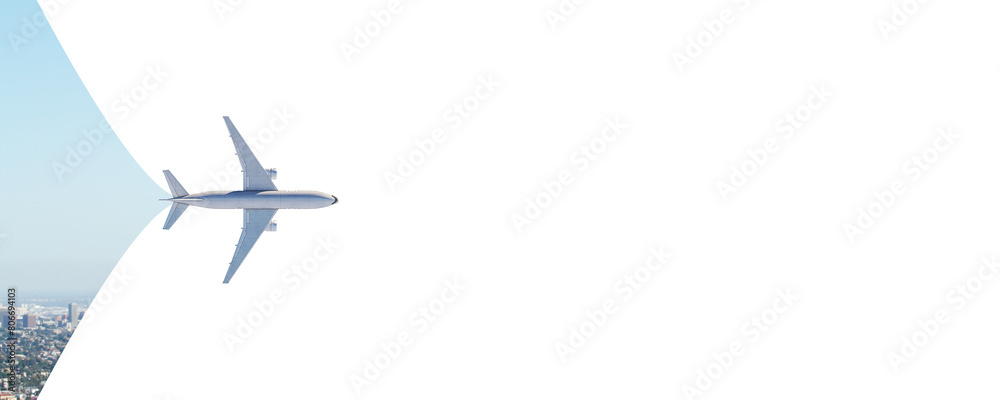 Poster creative airplane on wide bright city sky backdrop with mock up place. travel and ad banner. 3d rend