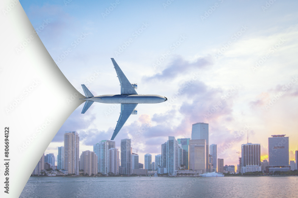 Poster creative airplane on bright city sky backdrop with mock up place. travel and ad banner. 3d rendering