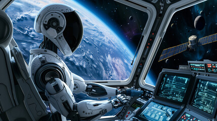 copy space, stockphoto AI android robot flying a hightech rocket, view from inside the cockpit towards deep space. Artificial intelligence robot exploring space, descovering new worlds. Future space t