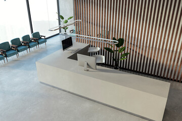 Modern reception desk in an office lobby with chairs and plants, a light interior and a wooden wall background, concept of a business center. 3D Rendering