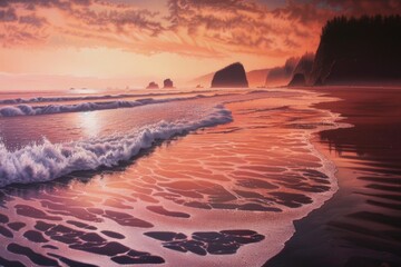 Pastel ocean waves on sandy shore at sunrise