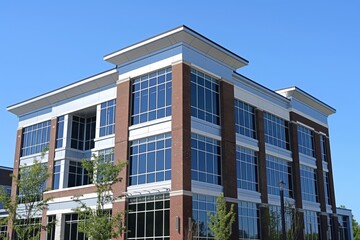 Photo of a newly constructed office building with a contemporary design on a bright day