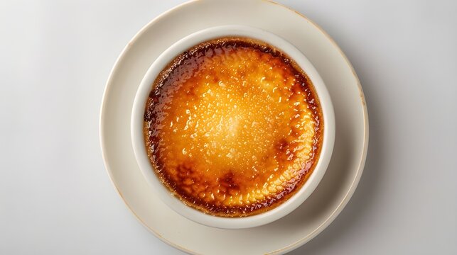 Top view of cr&egrave;me br&ucirc;l&eacute;e on white ramekin on clean plain white background 