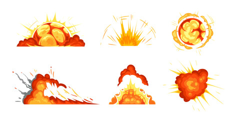 Cartoon explosions. Exploding bomb collection set animation. Vector of comic burst, blast element graphic, bright motion explode illustration