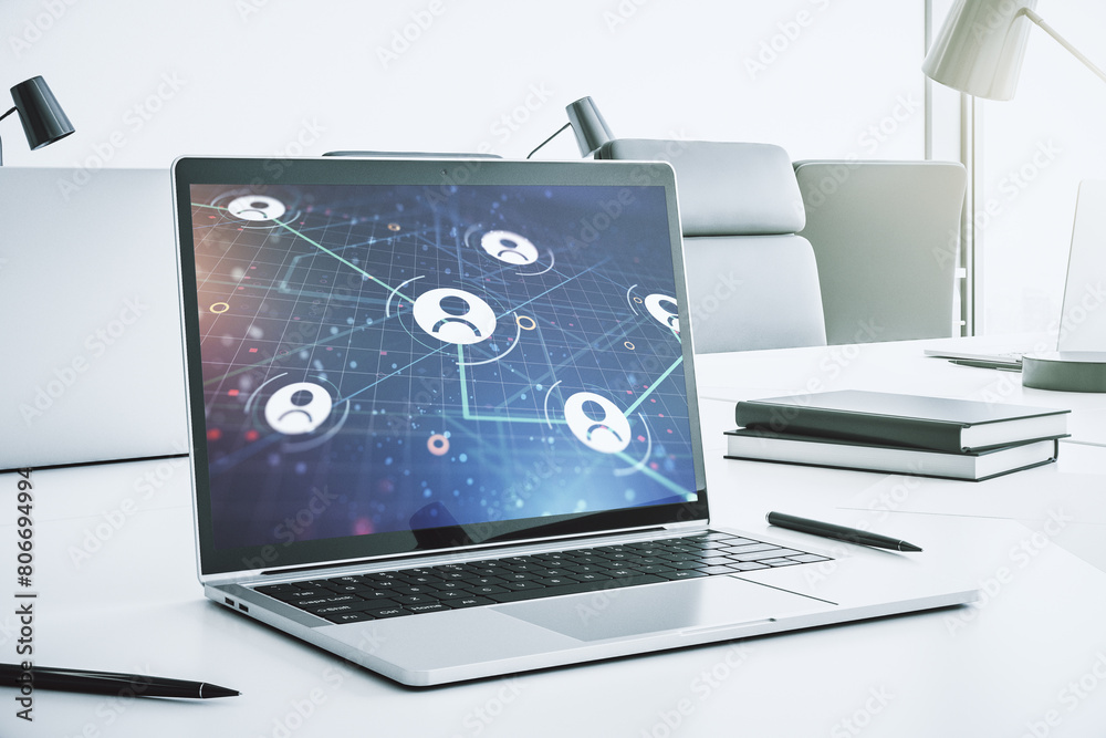 Poster Modern computer screen with social network media concept. 3D Rendering