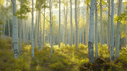 Tranquil view of a birch forest with sunrays piercing through the foliage, creating a peaceful ambiance