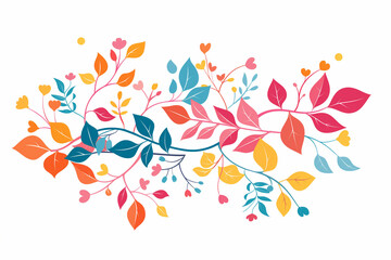 Colorful vector illustration of a floral branch on a white background, with colorful leaves and vines