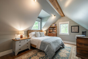 Comfortable and stylish renovated attic bedroom with wooden beams, cozy bedding, and a well-lit study area