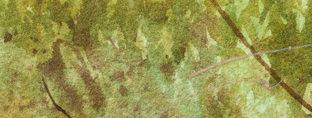 Abstract art background dark green and olive colors. Watercolor painting with brown stains.