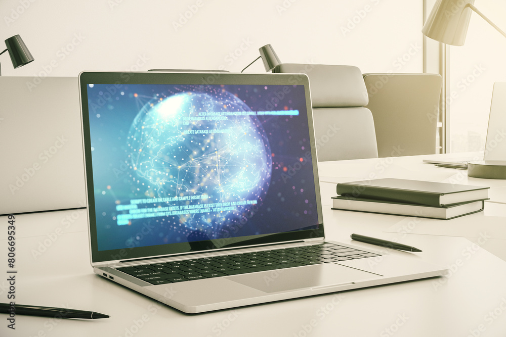 Leinwandbilder abstract creative coding concept with world map on modern laptop screen. 3d rendering