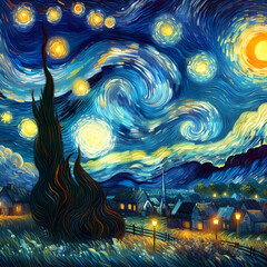 a painting of a night scene with a tree and the moon in the sky