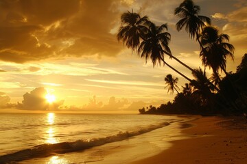 Golden sunset over tropical beach with palm trees