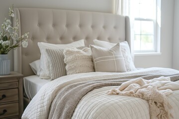 Contemporary and stylish modern cozy bedroom interior with plush bed. Elegant bedding. And tranquil atmosphere for restful sleeping area. Featuring clean. Bright. And comfortable home decor