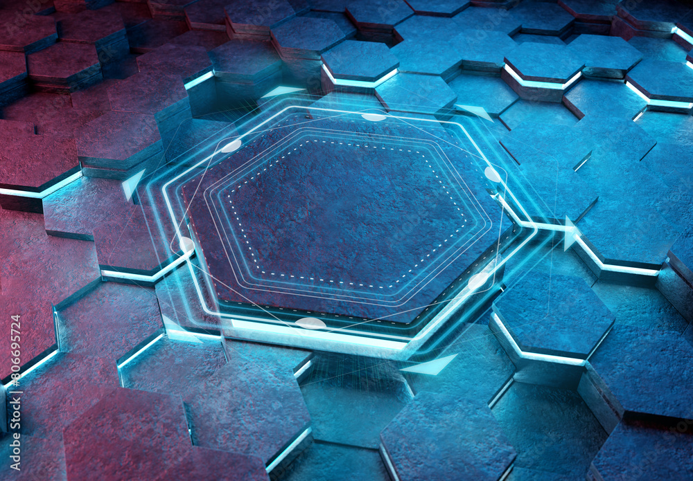 Aufkleber glowing pink and blue hexagons podium background pattern. hexagonal metal surface with lights and re