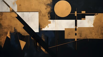 Abstract Composition of Shapes and Textures in dark gold Tones. Contemporary Design