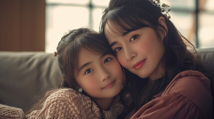  Peaceful Mother's Day Moments, Honest Families, Beautiful Young Mothers Embrace Her Cute Children with Deep Love, Share Laughter and Smile, Cherish Intimate Family Ties in Warm Leisure Time
