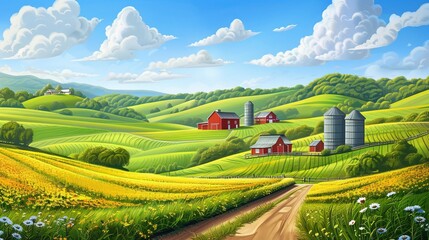 Fototapeta premium panoramic illustration farm landscape,farm landscape with hills illustration