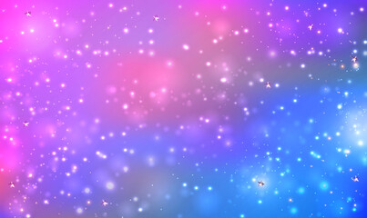 Rainbow unicorn fantasy background with stars and sparkles. Fantasy dreaming galaxy and magic wavy space with fairy light. Holographic fairy background with magic sparkles, stars and blurs. Vector.