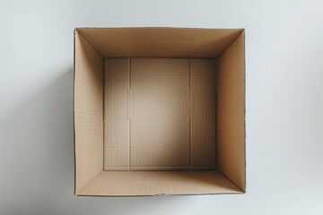 Top view of an open empty cardboard box with shadows on a white background, symbolizing potential, space, and packaging