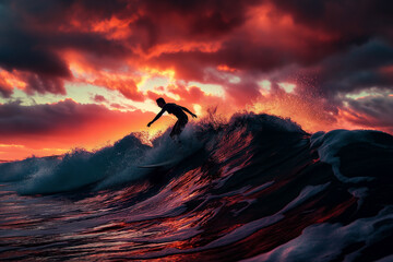Surfer riding a wave, dramatic sunset and clouds on the background