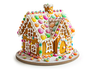 A gingerbread house with a white roof and colorful decorations