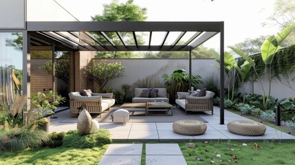 contemporary minimalist patio with pergola surrounded by lush greenery, featuring white and gray pillows, a brown wicker chair, and a white wall