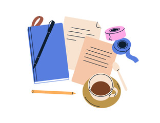 Notebook, pen, paper sheets, pages with notes, work records. Notepad, planner, sketchbook and coffee cup, abstract workplace composition. Flat vector illustration isolated on white background
