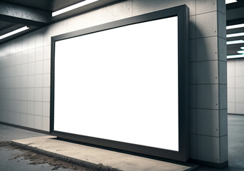 Fototapeta premium Billboard on clean white underground wall Mockup. Large frame in subway station. Generative Ai